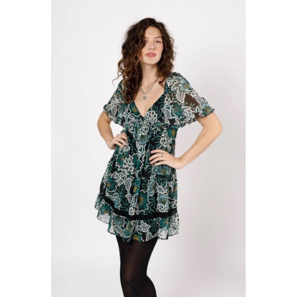 Band of the Free NWT Maisie Emerald Floral Mini Dress Sz Small Green & Black